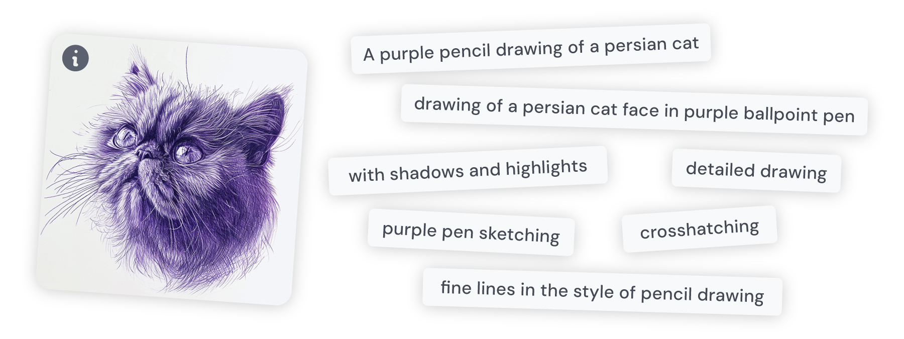 A purple ballpoint pen sketch of a cat next to words and phrases describing the image