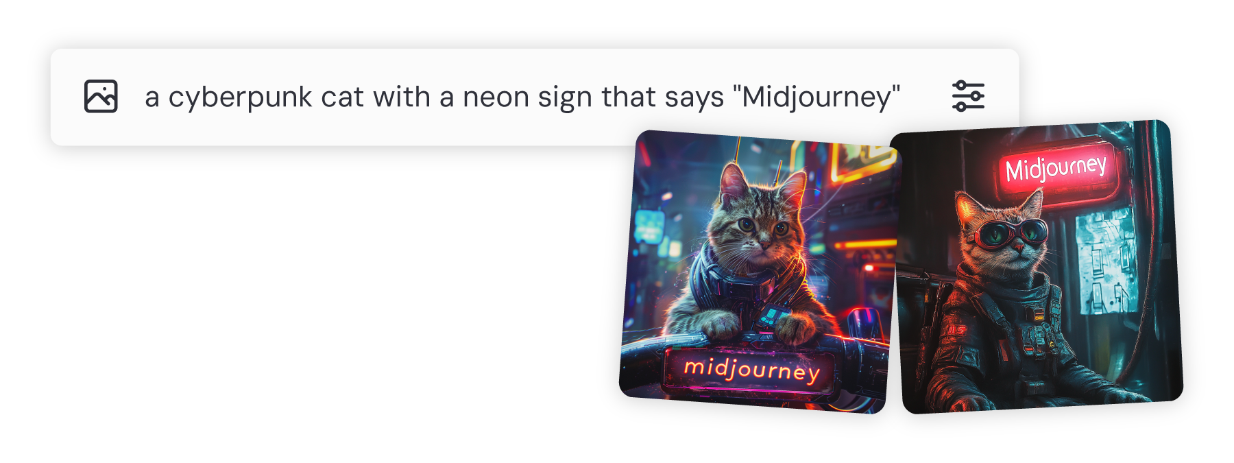 Two images of cyberpunk cats with neon signs that say 'Midjourney' creating using a prompt with double quotation marks